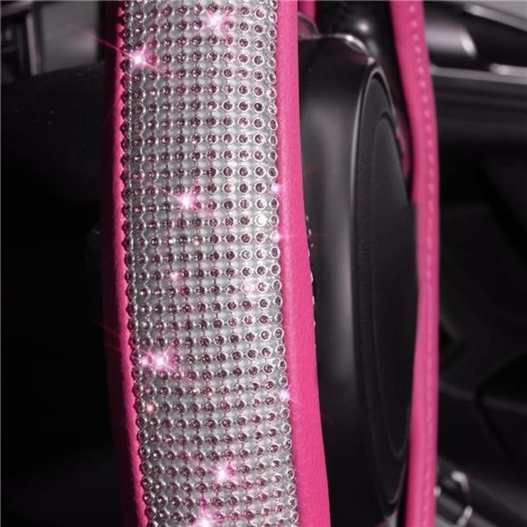 Diamond Pink Leather Steering Wheel Crystal Cover, Universal Fit 14" 1/2-15" - Picture 6 of 6